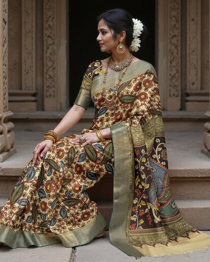 ساري كالامكاري حريري متعدد الألوان من بنغالور، مزين بمشاهد أسطورية مرسومة يدويًا، عرض 110 سم، أصله: سري كالاهاستي، الهند، طوله 5.5 متر مع بلوزة - D22841