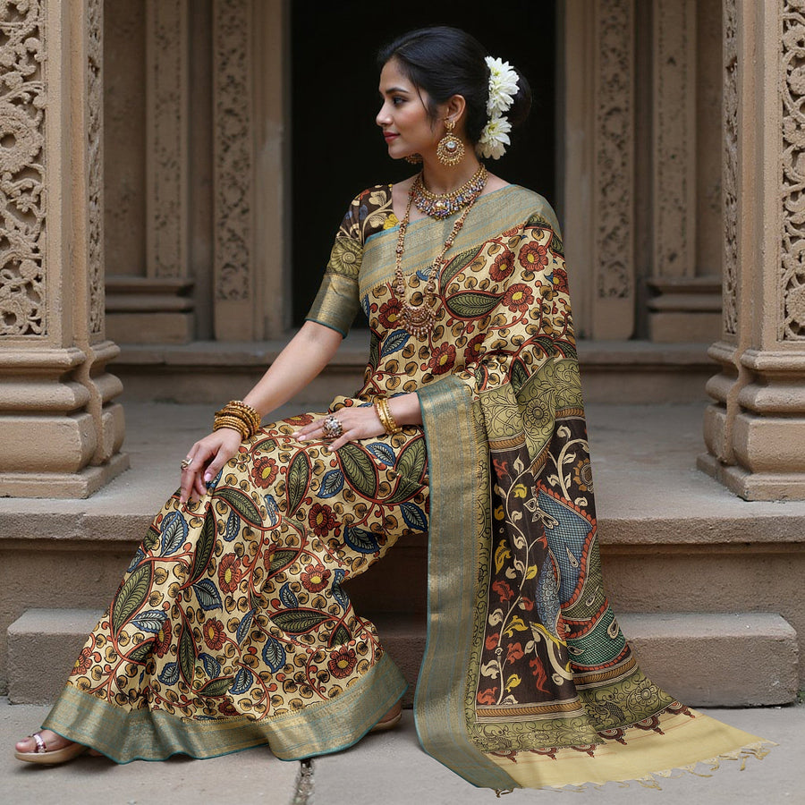 ساري كالامكاري حريري متعدد الألوان من بنغالور، مزين بمشاهد أسطورية مرسومة يدويًا، عرض 110 سم، أصله: سري كالاهاستي، الهند، طوله 5.5 متر مع بلوزة - D22841