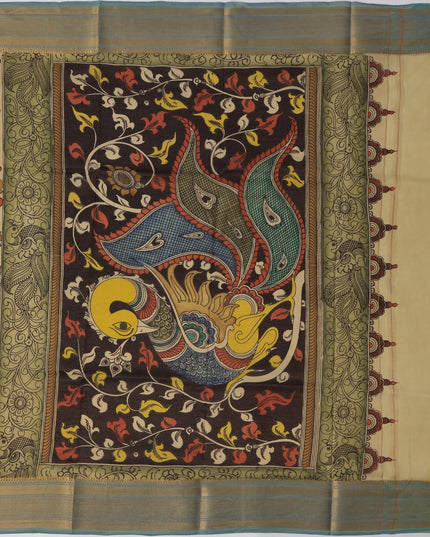 ساري كالامكاري حريري متعدد الألوان من بنغالور، مزين بمشاهد أسطورية مرسومة يدويًا، عرض 110 سم، أصله: سري كالاهاستي، الهند، طوله 5.5 متر مع بلوزة - D22841