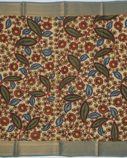 ساري كالامكاري حريري متعدد الألوان من بنغالور، مزين بمشاهد أسطورية مرسومة يدويًا، عرض 110 سم، أصله: سري كالاهاستي، الهند، طوله 5.5 متر مع بلوزة - D22841
