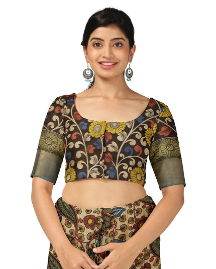 ساري كالامكاري حريري متعدد الألوان من بنغالور، مزين بمشاهد أسطورية مرسومة يدويًا، عرض 110 سم، أصله: سري كالاهاستي، الهند، طوله 5.5 متر مع بلوزة - D22841