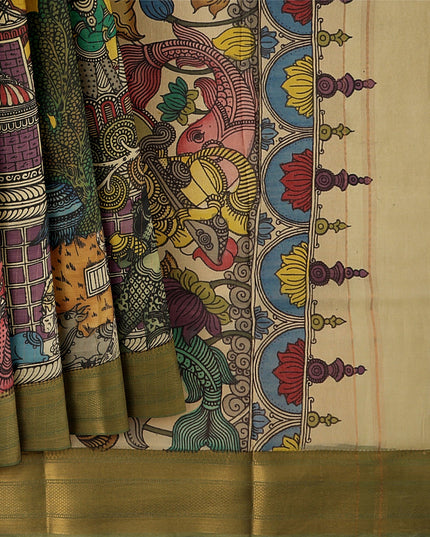 ساري كالامكاري من حرير بنغالور الأصفر الذهبي مع رسومات أسطورية مرسومة يدويًا، عرض 110 سم، أصله: سري كالاهاستي، الهند، طوله 5.5 متر مع بلوزة - D22842