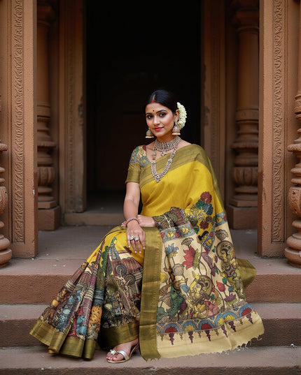 ساري كالامكاري من حرير بنغالور الأصفر الذهبي مع رسومات أسطورية مرسومة يدويًا، عرض 110 سم، أصله: سري كالاهاستي، الهند، طوله 5.5 متر مع بلوزة - D22842