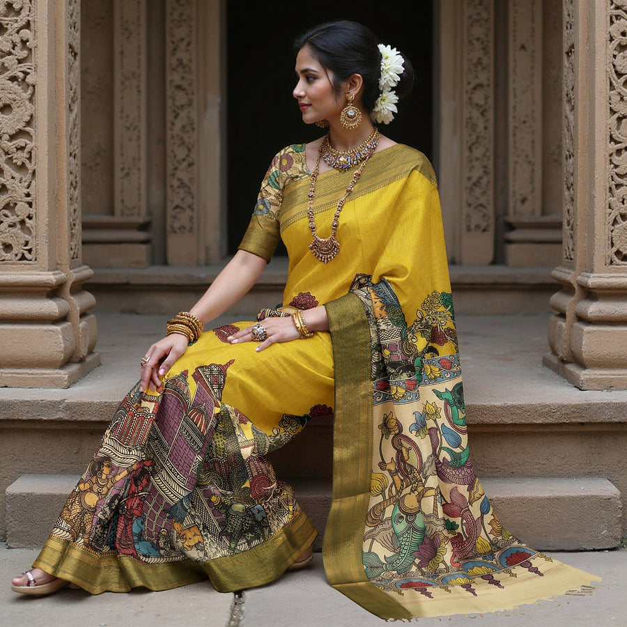 ساري كالامكاري من حرير بنغالور الأصفر الذهبي مع رسومات أسطورية مرسومة يدويًا، عرض 110 سم، أصله: سري كالاهاستي، الهند، طوله 5.5 متر مع بلوزة - D22842