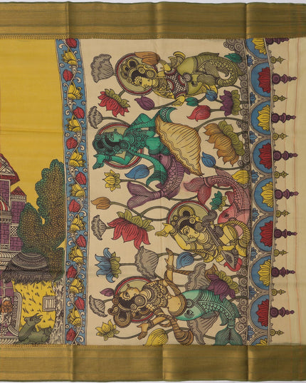 ساري كالامكاري من حرير بنغالور الأصفر الذهبي مع رسومات أسطورية مرسومة يدويًا، عرض 110 سم، أصله: سري كالاهاستي، الهند، طوله 5.5 متر مع بلوزة - D22842