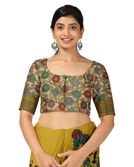 ساري كالامكاري من حرير بنغالور الأصفر الذهبي مع رسومات أسطورية مرسومة يدويًا، عرض 110 سم، أصله: سري كالاهاستي، الهند، طوله 5.5 متر مع بلوزة - D22842