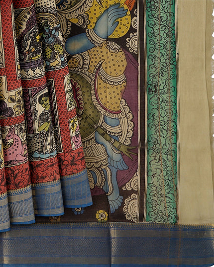 ساري كالامكاري متعدد الألوان من حرير بنغالور مع رسومات أسطورية مرسومة يدويًا، عرض 110 سم، أصله: سري كالاهاستي، الهند، طوله 5.5 متر مع بلوزة - D22843