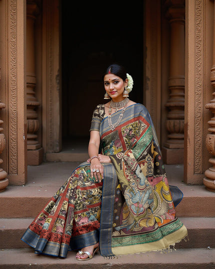 ساري كالامكاري متعدد الألوان من حرير بنغالور مع رسومات أسطورية مرسومة يدويًا، عرض 110 سم، أصله: سري كالاهاستي، الهند، طوله 5.5 متر مع بلوزة - D22843