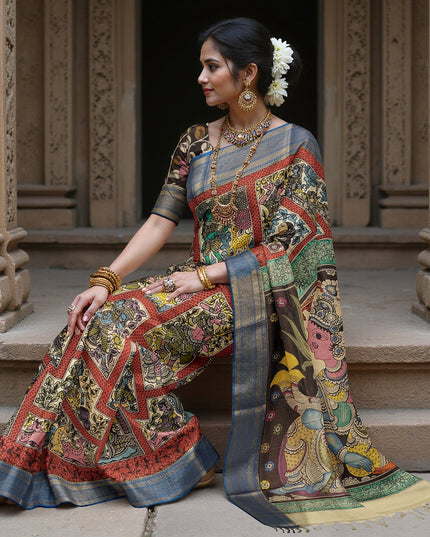 ساري كالامكاري متعدد الألوان من حرير بنغالور مع رسومات أسطورية مرسومة يدويًا، عرض 110 سم، أصله: سري كالاهاستي، الهند، طوله 5.5 متر مع بلوزة - D22843