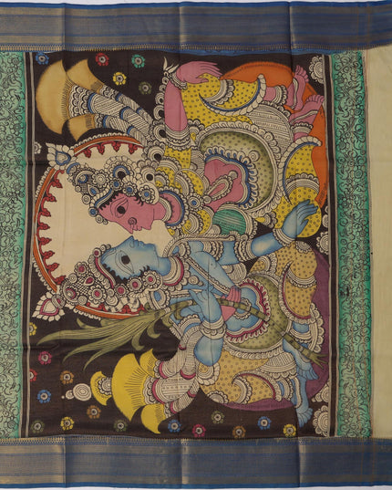 ساري كالامكاري متعدد الألوان من حرير بنغالور مع رسومات أسطورية مرسومة يدويًا، عرض 110 سم، أصله: سري كالاهاستي، الهند، طوله 5.5 متر مع بلوزة - D22843