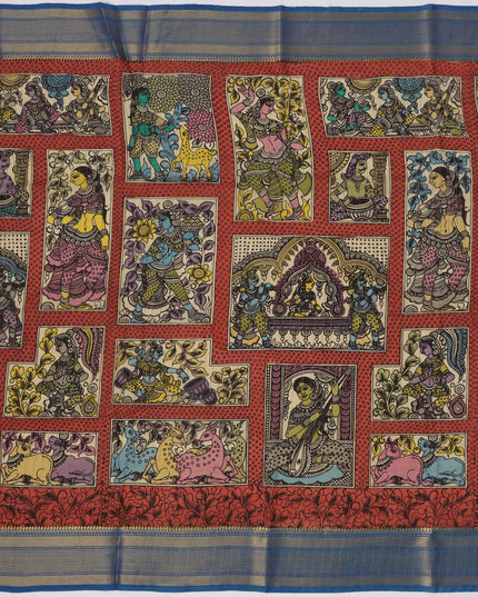 ساري كالامكاري متعدد الألوان من حرير بنغالور مع رسومات أسطورية مرسومة يدويًا، عرض 110 سم، أصله: سري كالاهاستي، الهند، طوله 5.5 متر مع بلوزة - D22843