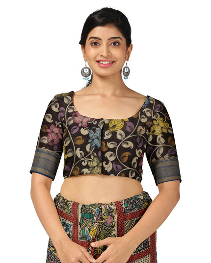 ساري كالامكاري متعدد الألوان من حرير بنغالور مع رسومات أسطورية مرسومة يدويًا، عرض 110 سم، أصله: سري كالاهاستي، الهند، طوله 5.5 متر مع بلوزة - D22843