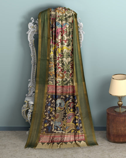 Multicolor Bangalore Silk Pen Kalamkari Saree with Handpainted Mythological Motifs, Width 110 Cms, Origin: Sri Kalahasthi, India, 5.5 Mtrs with Blouse Piece-D22844