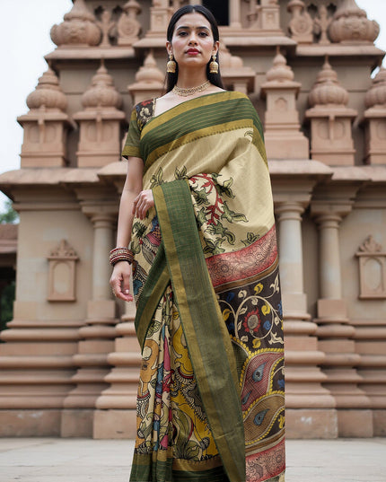 Multicolor Bangalore Silk Pen Kalamkari Saree with Handpainted Mythological Motifs, Width 110 Cms, Origin: Sri Kalahasthi, India, 5.5 Mtrs with Blouse Piece-D22844