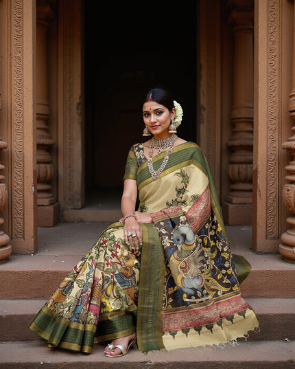 Multicolor Bangalore Silk Pen Kalamkari Saree with Handpainted Mythological Motifs, Width 110 Cms, Origin: Sri Kalahasthi, India, 5.5 Mtrs with Blouse Piece-D22844