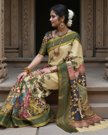 Multicolor Bangalore Silk Pen Kalamkari Saree with Handpainted Mythological Motifs, Width 110 Cms, Origin: Sri Kalahasthi, India, 5.5 Mtrs with Blouse Piece-D22844