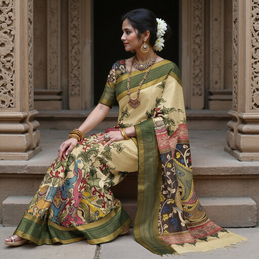 Multicolor Bangalore Silk Pen Kalamkari Saree with Handpainted Mythological Motifs, Width 110 Cms, Origin: Sri Kalahasthi, India, 5.5 Mtrs with Blouse Piece-D22844