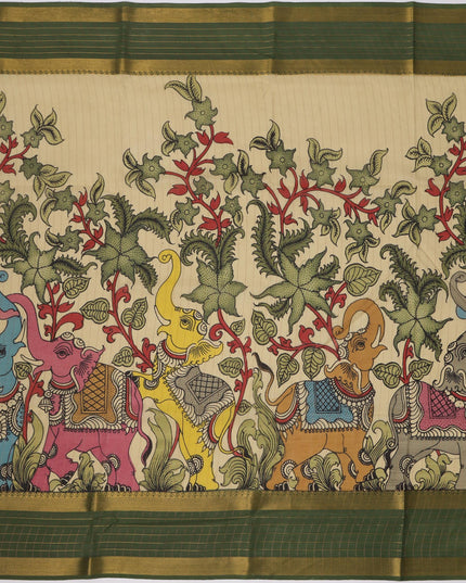 Multicolor Bangalore Silk Pen Kalamkari Saree with Handpainted Mythological Motifs, Width 110 Cms, Origin: Sri Kalahasthi, India, 5.5 Mtrs with Blouse Piece-D22844