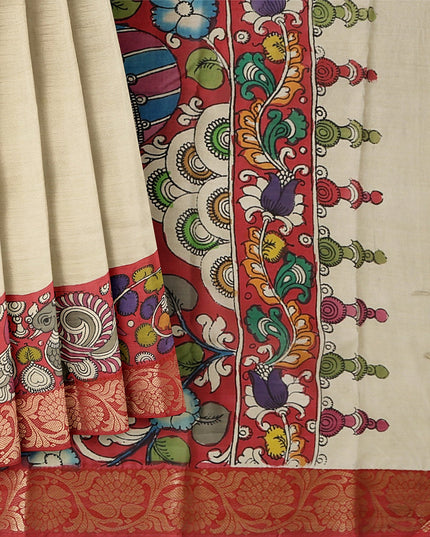 ساري كالامكاري حريري أحمر قرمزي من بنغالور، مزين برسومات أسطورية مرسومة يدويًا، عرض 110 سم، أصله: سري كالاهاستي، الهند، طوله 5.5 متر مع بلوزة - D22845