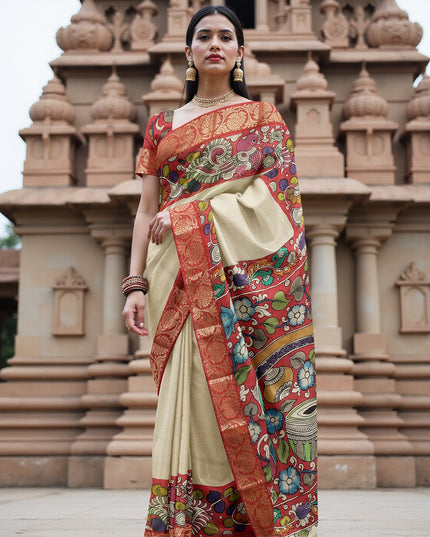 ساري كالامكاري حريري أحمر قرمزي من بنغالور، مزين برسومات أسطورية مرسومة يدويًا، عرض 110 سم، أصله: سري كالاهاستي، الهند، طوله 5.5 متر مع بلوزة - D22845