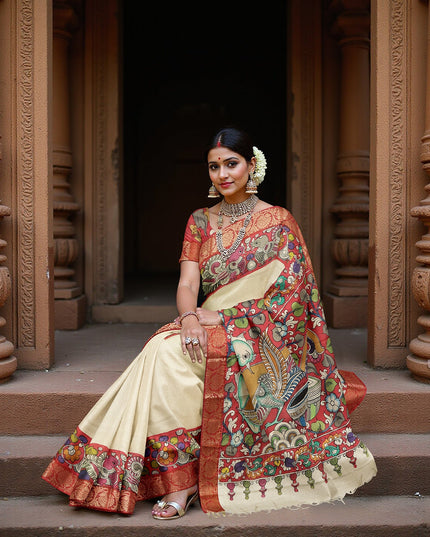 ساري كالامكاري حريري أحمر قرمزي من بنغالور، مزين برسومات أسطورية مرسومة يدويًا، عرض 110 سم، أصله: سري كالاهاستي، الهند، طوله 5.5 متر مع بلوزة - D22845