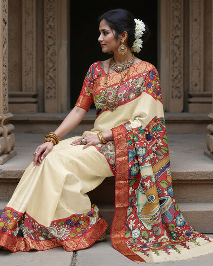 ساري كالامكاري حريري أحمر قرمزي من بنغالور، مزين برسومات أسطورية مرسومة يدويًا، عرض 110 سم، أصله: سري كالاهاستي، الهند، طوله 5.5 متر مع بلوزة - D22845