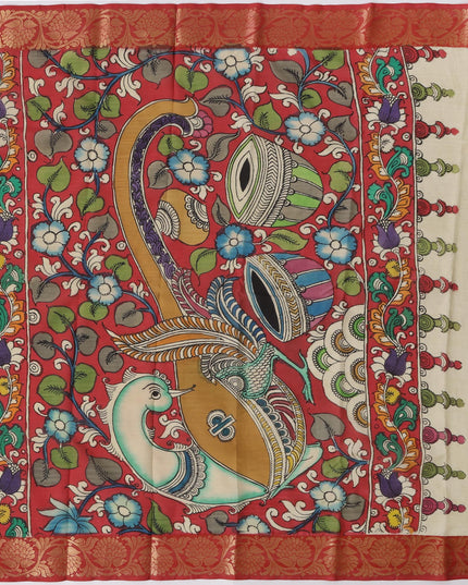 ساري كالامكاري حريري أحمر قرمزي من بنغالور، مزين برسومات أسطورية مرسومة يدويًا، عرض 110 سم، أصله: سري كالاهاستي، الهند، طوله 5.5 متر مع بلوزة - D22845