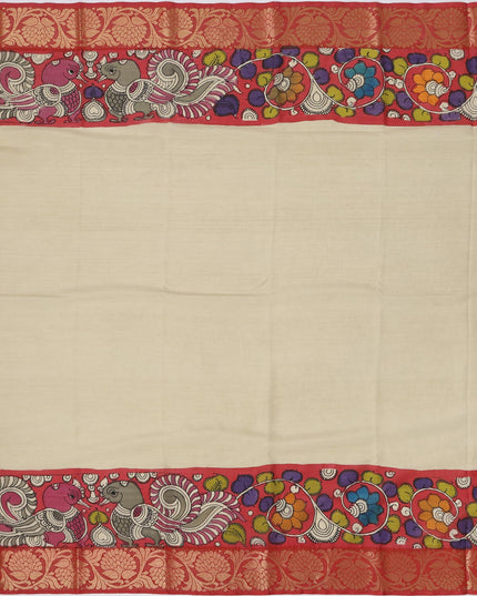 ساري كالامكاري حريري أحمر قرمزي من بنغالور، مزين برسومات أسطورية مرسومة يدويًا، عرض 110 سم، أصله: سري كالاهاستي، الهند، طوله 5.5 متر مع بلوزة - D22845