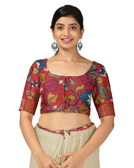 ساري كالامكاري حريري أحمر قرمزي من بنغالور، مزين برسومات أسطورية مرسومة يدويًا، عرض 110 سم، أصله: سري كالاهاستي، الهند، طوله 5.5 متر مع بلوزة - D22845