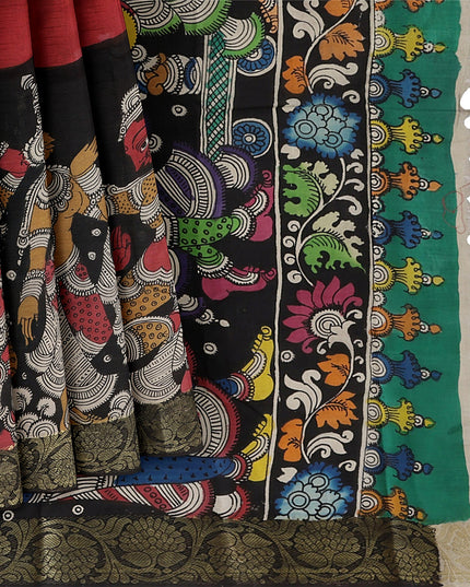 ساري كالامكاري حريري متعدد الألوان من بنغالور، مزين بزخارف إلهية مرسومة يدويًا، عرض 110 سم، أصله: سري كالاهاستي، الهند، طوله 5.5 متر مع بلوزة - D22846