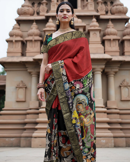 ساري كالامكاري حريري متعدد الألوان من بنغالور، مزين بزخارف إلهية مرسومة يدويًا، عرض 110 سم، أصله: سري كالاهاستي، الهند، طوله 5.5 متر مع بلوزة - D22846