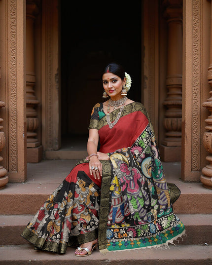 ساري كالامكاري حريري متعدد الألوان من بنغالور، مزين بزخارف إلهية مرسومة يدويًا، عرض 110 سم، أصله: سري كالاهاستي، الهند، طوله 5.5 متر مع بلوزة - D22846