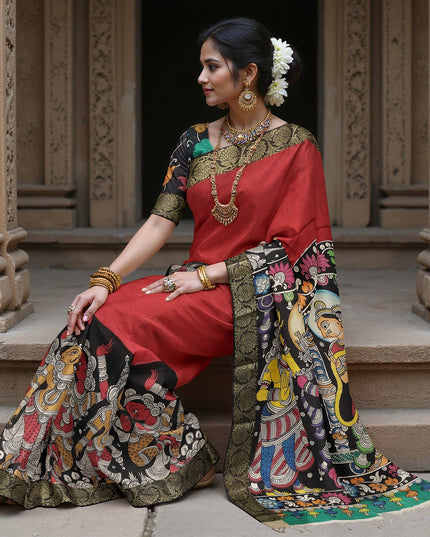 ساري كالامكاري حريري متعدد الألوان من بنغالور، مزين بزخارف إلهية مرسومة يدويًا، عرض 110 سم، أصله: سري كالاهاستي، الهند، طوله 5.5 متر مع بلوزة - D22846