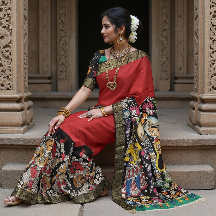 ساري كالامكاري حريري متعدد الألوان من بنغالور، مزين بزخارف إلهية مرسومة يدويًا، عرض 110 سم، أصله: سري كالاهاستي، الهند، طوله 5.5 متر مع بلوزة - D22846