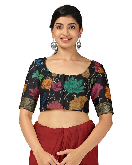 ساري كالامكاري حريري متعدد الألوان من بنغالور، مزين بزخارف إلهية مرسومة يدويًا، عرض 110 سم، أصله: سري كالاهاستي، الهند، طوله 5.5 متر مع بلوزة - D22846