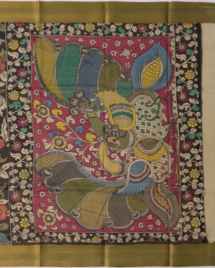 ساري كالامكاري حريري أسود من بنغالور، مزين برسومات أسطورية مرسومة يدويًا، عرض 110 سم، أصله: سري كالاهاستي، الهند، طوله 5.5 متر مع بلوزة - D22847