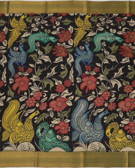 ساري كالامكاري حريري أسود من بنغالور، مزين برسومات أسطورية مرسومة يدويًا، عرض 110 سم، أصله: سري كالاهاستي، الهند، طوله 5.5 متر مع بلوزة - D22847