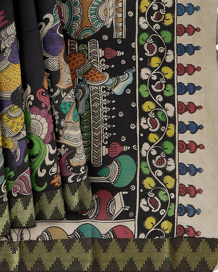 Black Bangalore Silk Pen Kalamkari Saree with Handpainted Mythological Art, Width 110 Cms, Origin: Sri Kalahasthi, India, 5.5 Mtrs with Blouse Piece-D22848