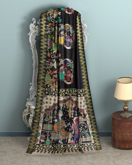 Black Bangalore Silk Pen Kalamkari Saree with Handpainted Mythological Art, Width 110 Cms, Origin: Sri Kalahasthi, India, 5.5 Mtrs with Blouse Piece-D22848