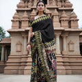 Black Bangalore Silk Pen Kalamkari Saree with Handpainted Mythological Art, Width 110 Cms, Origin: Sri Kalahasthi, India, 5.5 Mtrs with Blouse Piece-D22848