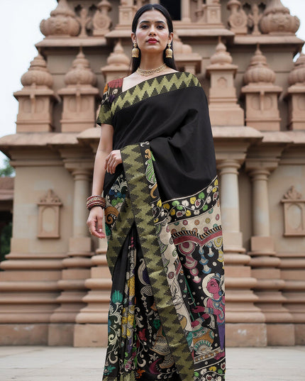 Black Bangalore Silk Pen Kalamkari Saree with Handpainted Mythological Art, Width 110 Cms, Origin: Sri Kalahasthi, India, 5.5 Mtrs with Blouse Piece-D22848