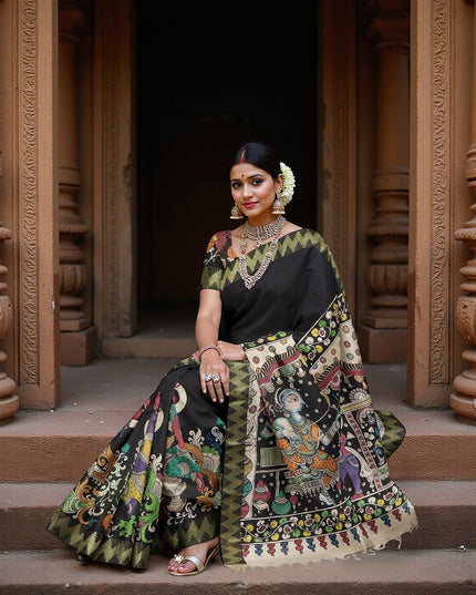 Black Bangalore Silk Pen Kalamkari Saree with Handpainted Mythological Art, Width 110 Cms, Origin: Sri Kalahasthi, India, 5.5 Mtrs with Blouse Piece-D22848