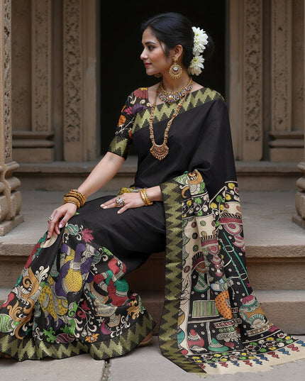 Black Bangalore Silk Pen Kalamkari Saree with Handpainted Mythological Art, Width 110 Cms, Origin: Sri Kalahasthi, India, 5.5 Mtrs with Blouse Piece-D22848