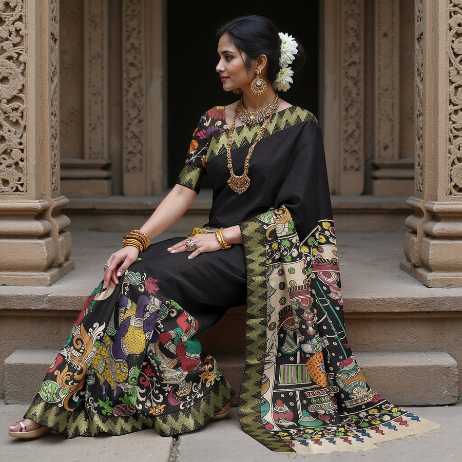 Black Bangalore Silk Pen Kalamkari Saree with Handpainted Mythological Art, Width 110 Cms, Origin: Sri Kalahasthi, India, 5.5 Mtrs with Blouse Piece-D22848