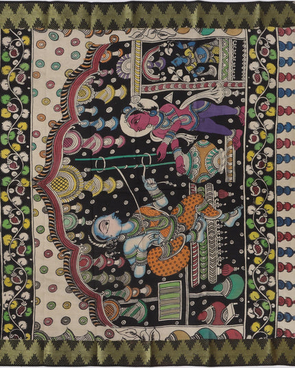 Black Bangalore Silk Pen Kalamkari Saree with Handpainted Mythological Art, Width 110 Cms, Origin: Sri Kalahasthi, India, 5.5 Mtrs with Blouse Piece-D22848