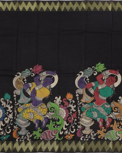 Black Bangalore Silk Pen Kalamkari Saree with Handpainted Mythological Art, Width 110 Cms, Origin: Sri Kalahasthi, India, 5.5 Mtrs with Blouse Piece-D22848