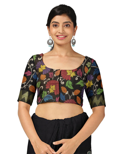 Black Bangalore Silk Pen Kalamkari Saree with Handpainted Mythological Art, Width 110 Cms, Origin: Sri Kalahasthi, India, 5.5 Mtrs with Blouse Piece-D22848