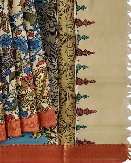 ساري كالامكاري حريري من بنغالور بلون كريمي عاجي مع تصميمات رائعة مرسومة يدويًا، عرض 110 سم، أصله: سري كالاهاستي، الهند، طوله 5.5 متر مع قطعة بلوزة - D22849