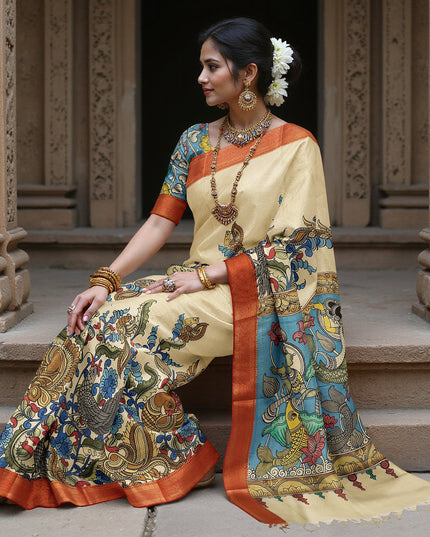 ساري كالامكاري حريري من بنغالور بلون كريمي عاجي مع تصميمات رائعة مرسومة يدويًا، عرض 110 سم، أصله: سري كالاهاستي، الهند، طوله 5.5 متر مع قطعة بلوزة - D22849