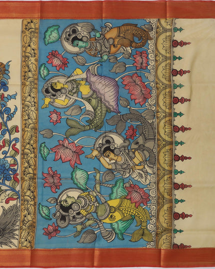 ساري كالامكاري حريري من بنغالور بلون كريمي عاجي مع تصميمات رائعة مرسومة يدويًا، عرض 110 سم، أصله: سري كالاهاستي، الهند، طوله 5.5 متر مع قطعة بلوزة - D22849